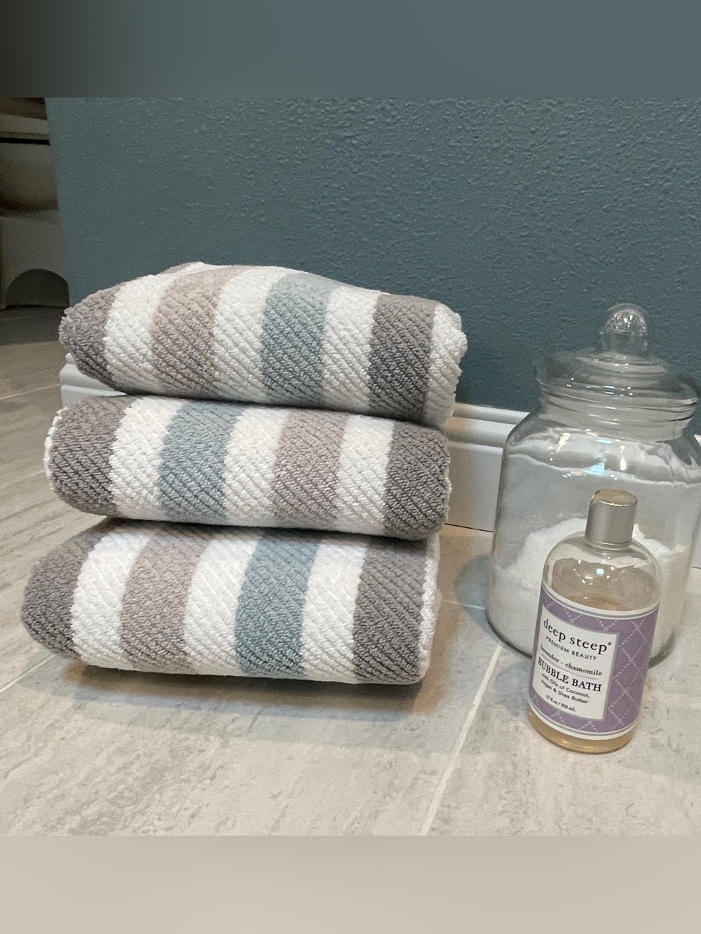 Truly Lou Quick Dry 100% Striped Towels - Gray, White, Teal and Taupe set of 3